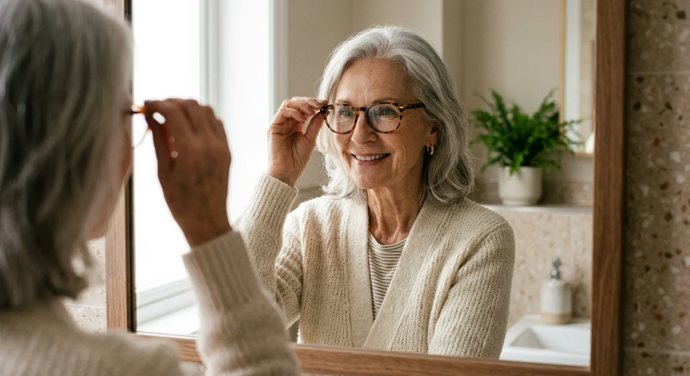 An older woman smiling as she tries on a stylish new pair of eyeglasses in her bathroom mirror.
