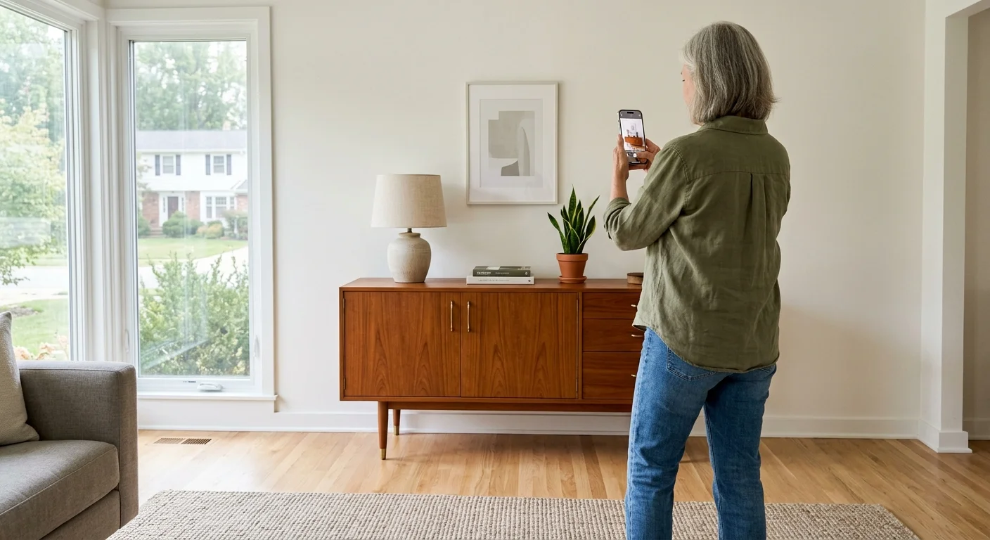 An older woman taking a photo of a wooden credenza in her sunlit living room with her smartphone to list it for sale online.