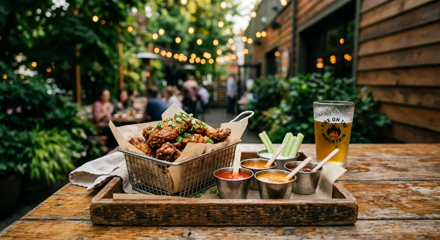 An outdoor dining scene in Portland featuring organic wings and colorful craft hot sauces on a wooden table.