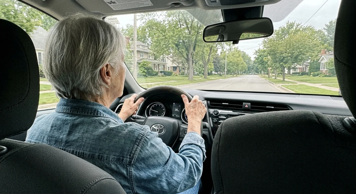 An over-the-shoulder view of a senior woman driving safely on a quiet suburban street, demonstrating defensive driving habits.