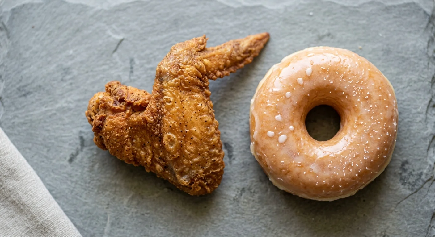 An overhead shot of a crispy fried chicken wing next to a glistening glazed donut on a gray slate counter.