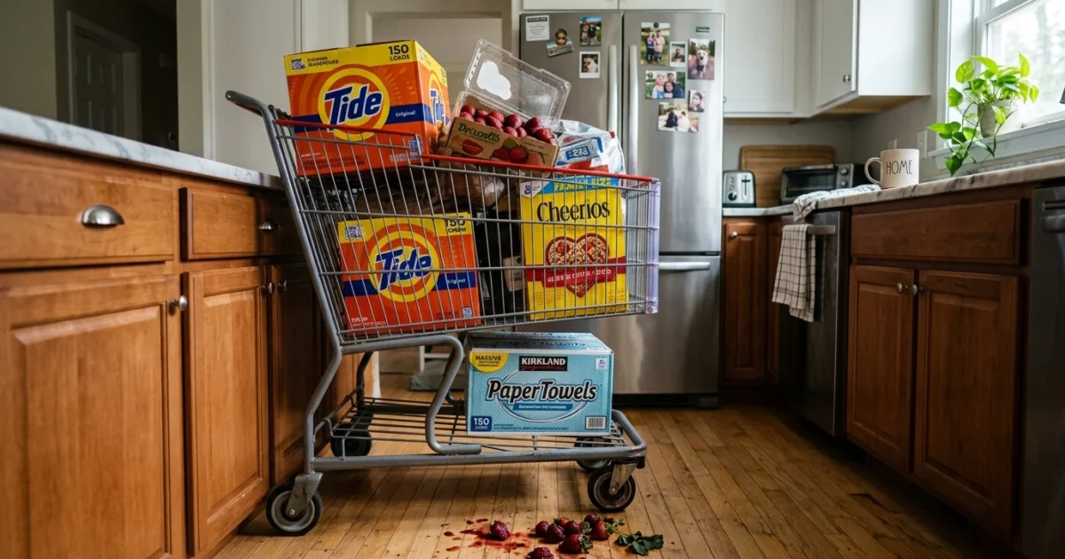 An oversized warehouse shopping cart overflowing with bulk items in a suburban kitchen, with moldy strawberries spilling onto the floor.