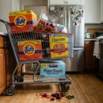 An oversized warehouse shopping cart overflowing with bulk items in a suburban kitchen, with moldy strawberries spilling onto the floor.