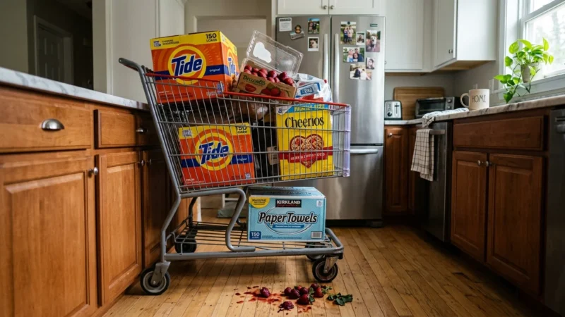 An oversized warehouse shopping cart overflowing with bulk items in a suburban kitchen, with moldy strawberries spilling onto the floor.