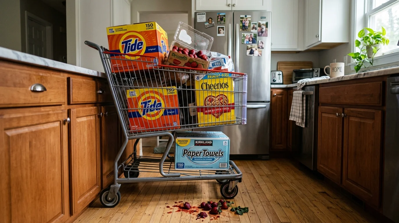 An oversized warehouse shopping cart overflowing with bulk items in a suburban kitchen, with moldy strawberries spilling onto the floor.