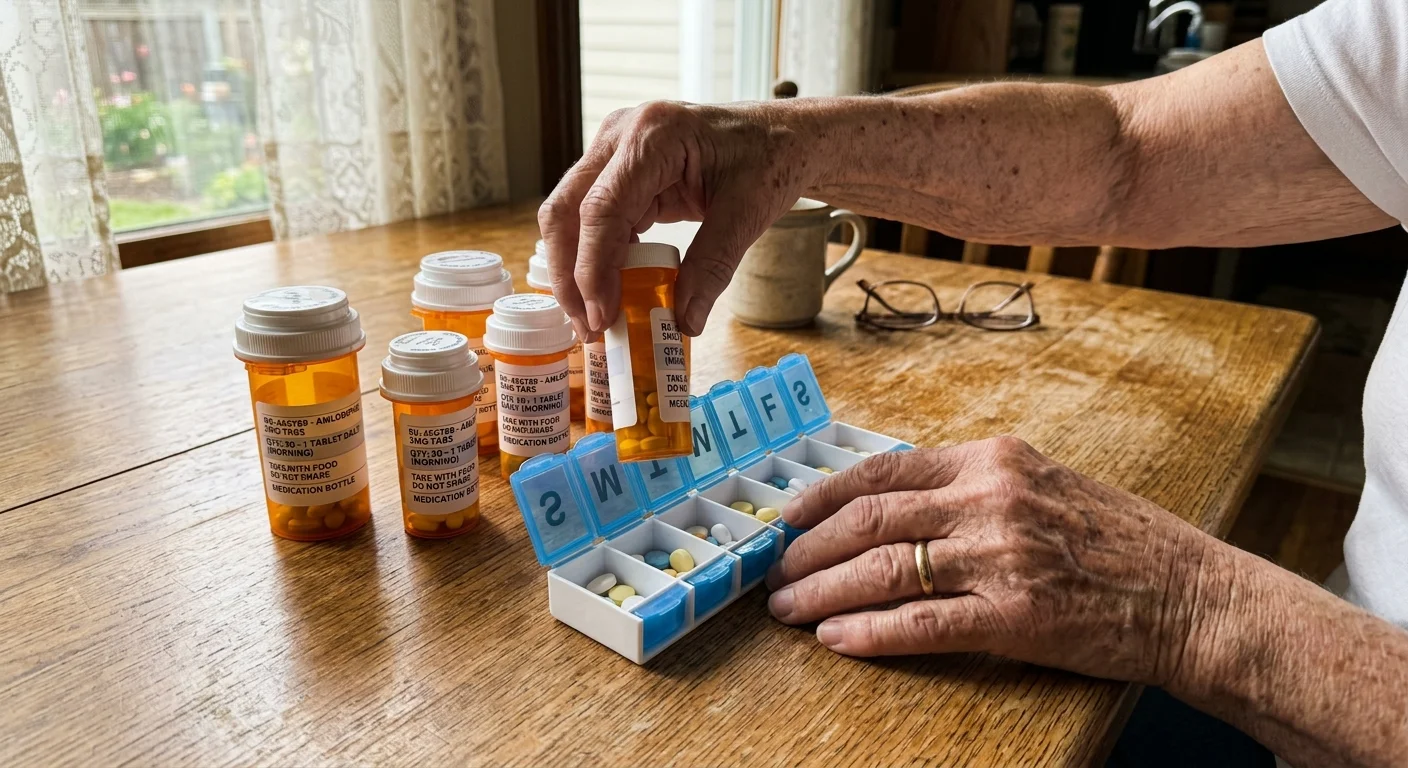 Close-up of a senior's hands organizing generic medication bottles next to a weekly pill box on a sunlit table.