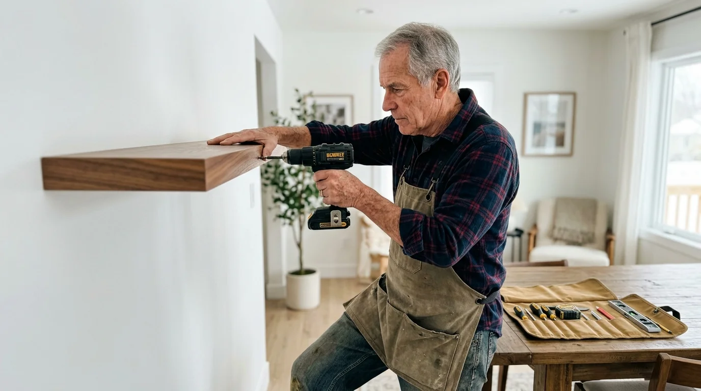 Close-up photo of a retiree in a flannel shirt using a cordless drill to install a floating shelf in a modern home.