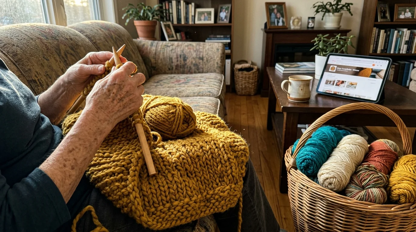 Close-up photo of a retiree's hands knitting a cozy yellow blanket in a sunlit living room with yarn baskets nearby.