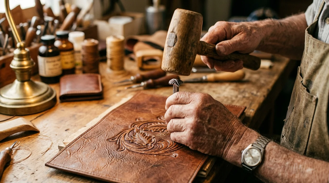 Close-up photo of an artisan's hands tooling a leaf design onto brown leather at a rustic wooden workbench.