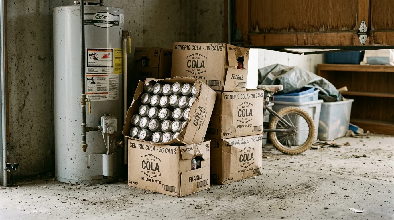 Dusty, crushed cardboard cases of bulk soda cans stacked on a concrete garage floor next to a water heater.