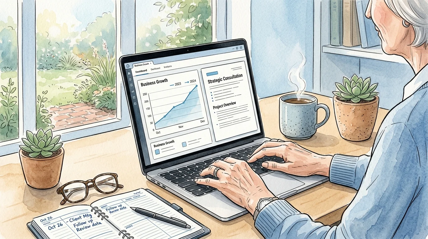 Editorial watercolor illustration of a retiree's home office desk, featuring a laptop with a business consulting proposal and a warm mug.