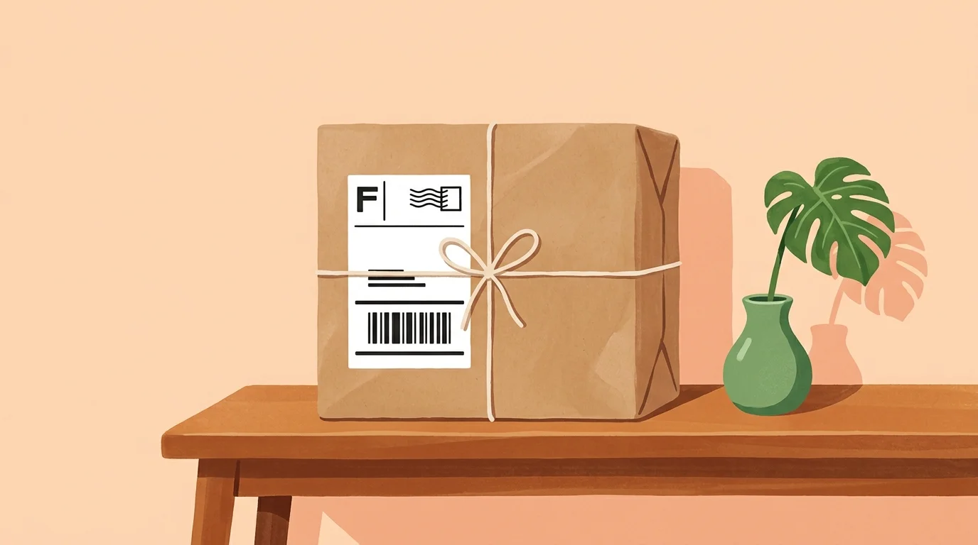 Gouache illustration of a neatly wrapped brown paper package with a shipping label on a console table.