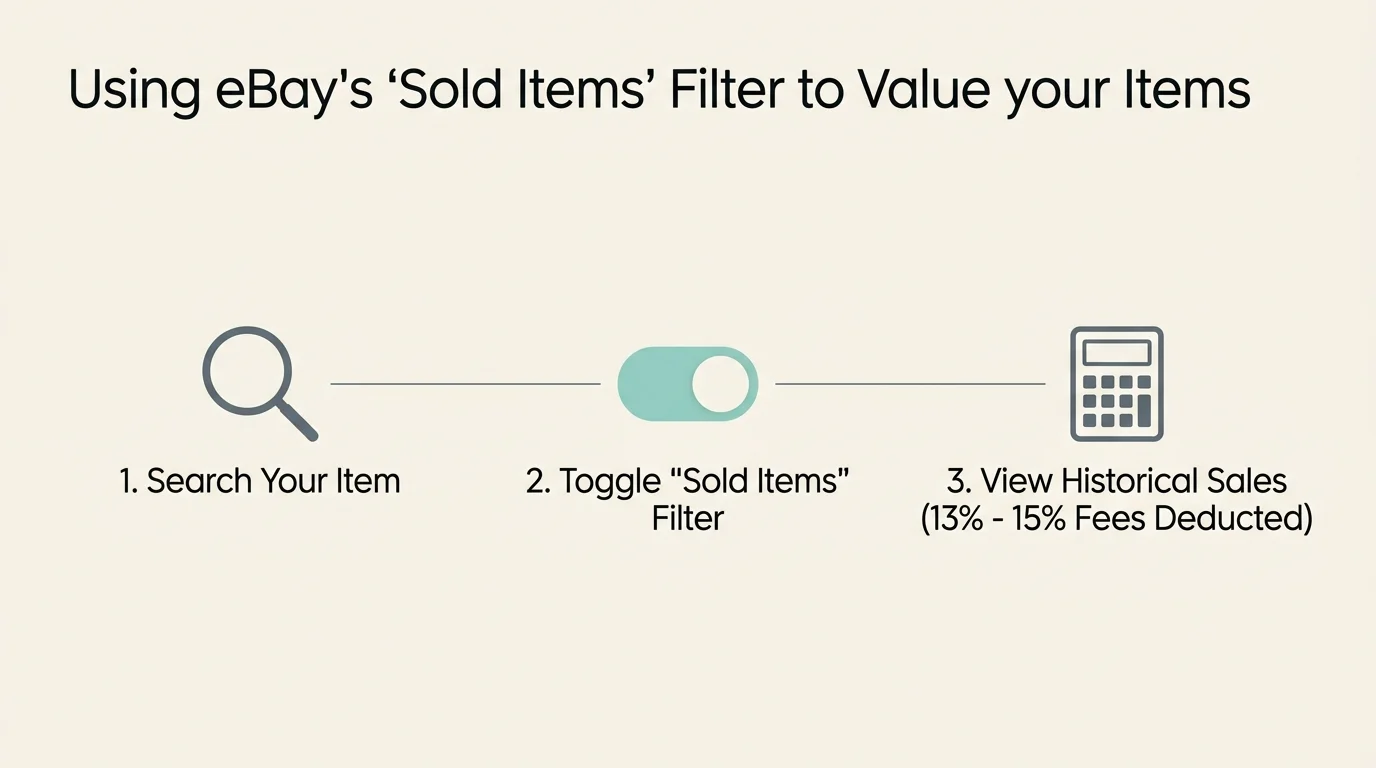 Horizontal 3-step diagram explaining how to use eBay's 'Sold Items' filter to price items accurately while factoring in 13% to 15% fees.