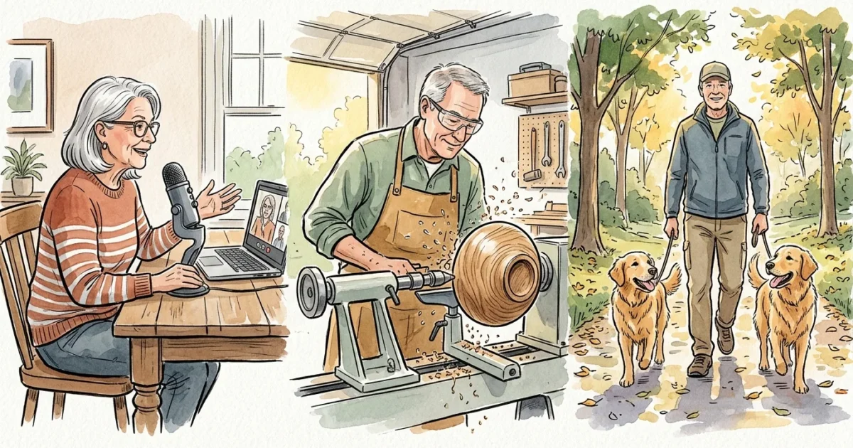 Ink and watercolor illustration of active retirees engaged in modern side hustles: consulting online, woodworking, and walking dogs.
