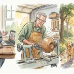 Ink and watercolor illustration of active retirees engaged in modern side hustles: consulting online, woodworking, and walking dogs.