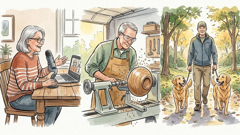 Ink and watercolor illustration of active retirees engaged in modern side hustles: consulting online, woodworking, and walking dogs.