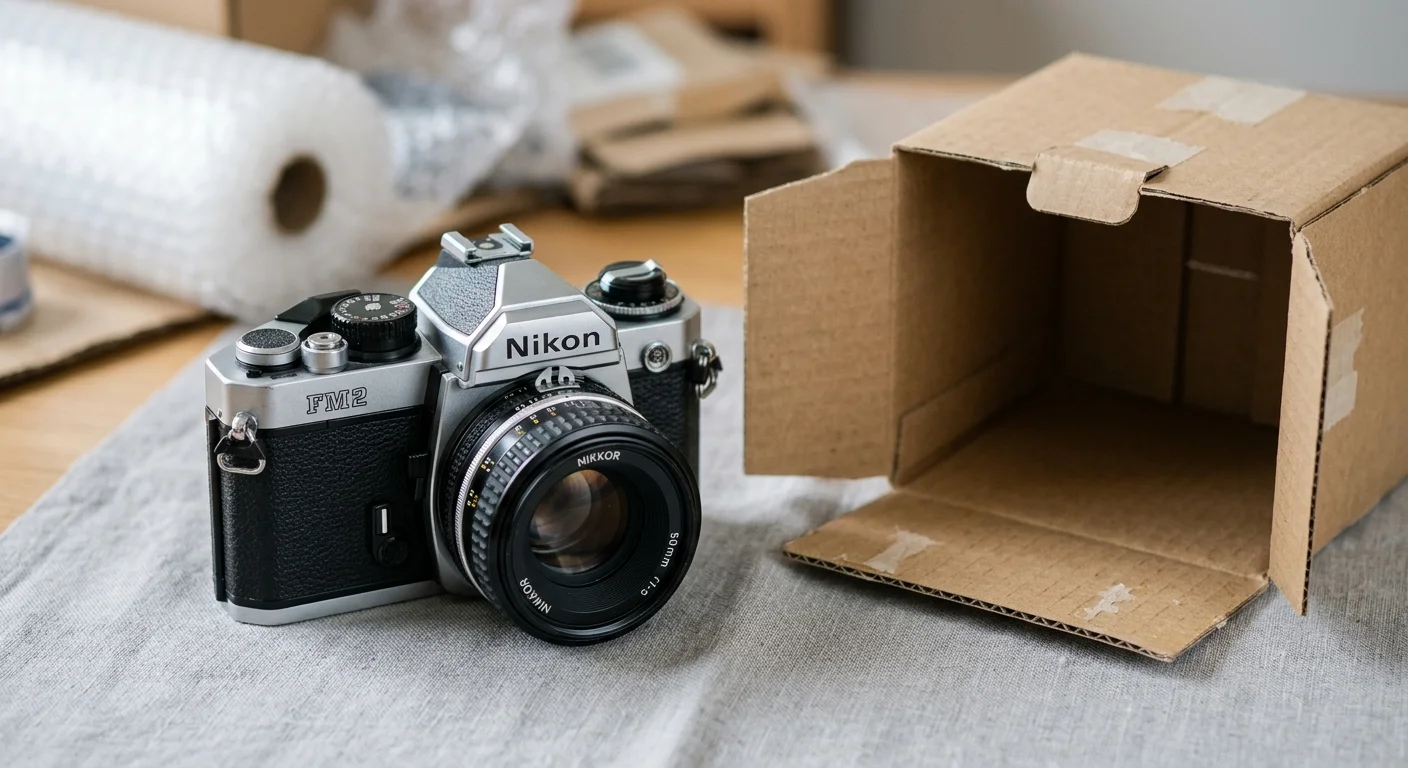 Macro photograph of a pristine vintage silver SLR camera resting on a gray linen cloth next to an open shipping box.