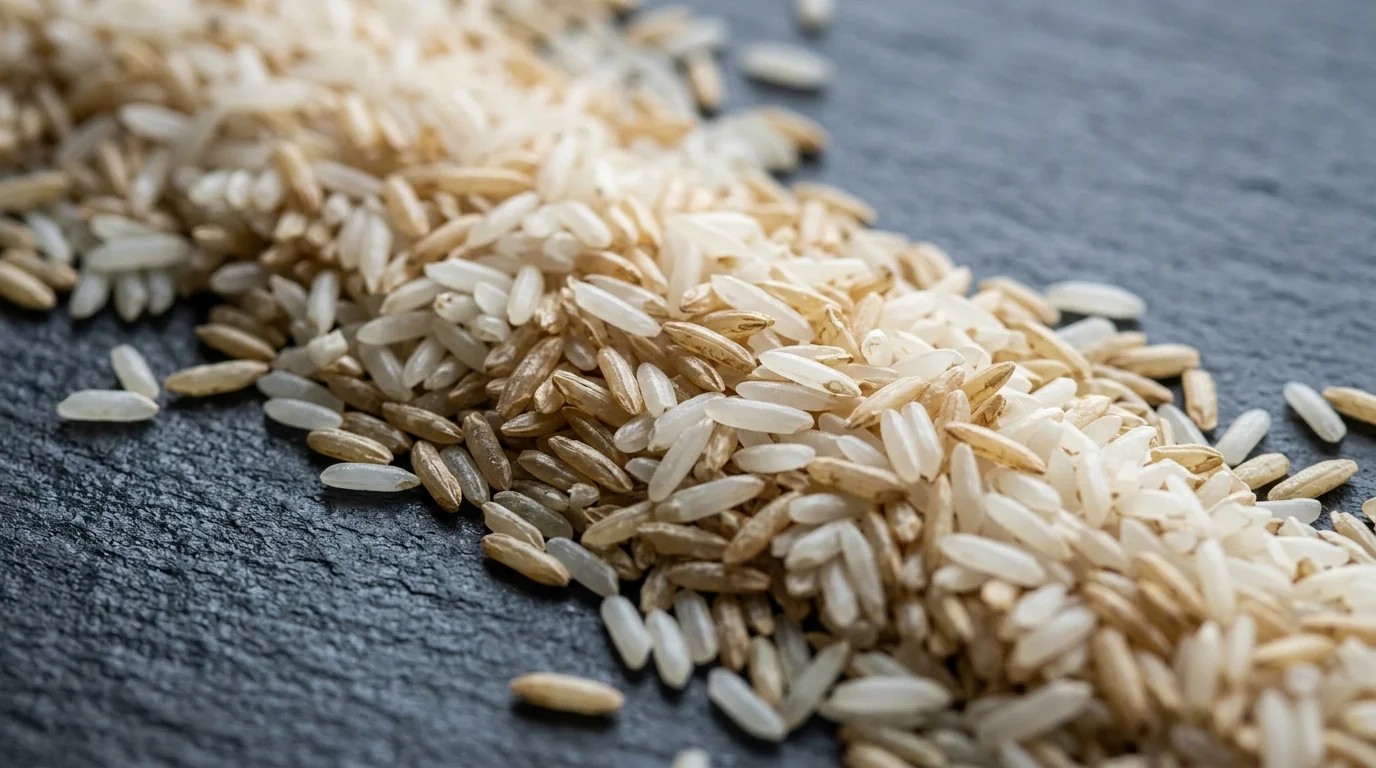 Macro photograph of raw long-grain white and brown rice grains side-by-side on a dark slate surface, highlighting their texture.