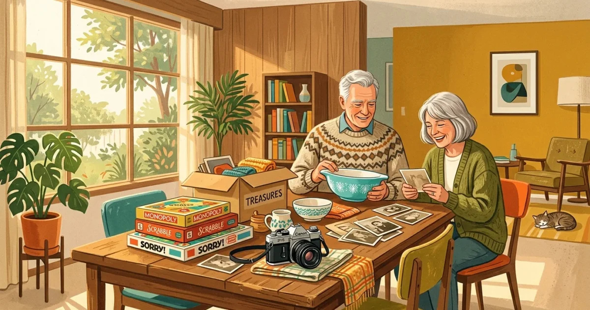 Mid-century gouache illustration of a retired couple organizing vintage items like a film camera and Pyrex bowl on a sunlit table.