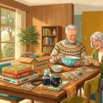 Mid-century gouache illustration of a retired couple organizing vintage items like a film camera and Pyrex bowl on a sunlit table.