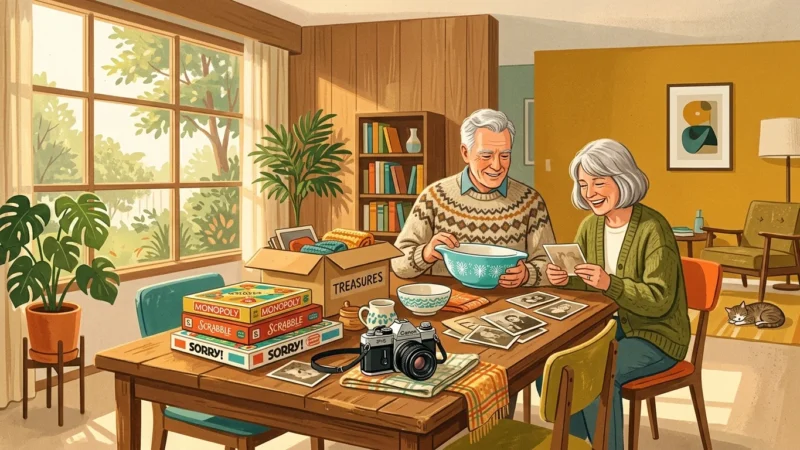 Mid-century gouache illustration of a retired couple organizing vintage items like a film camera and Pyrex bowl on a sunlit table.