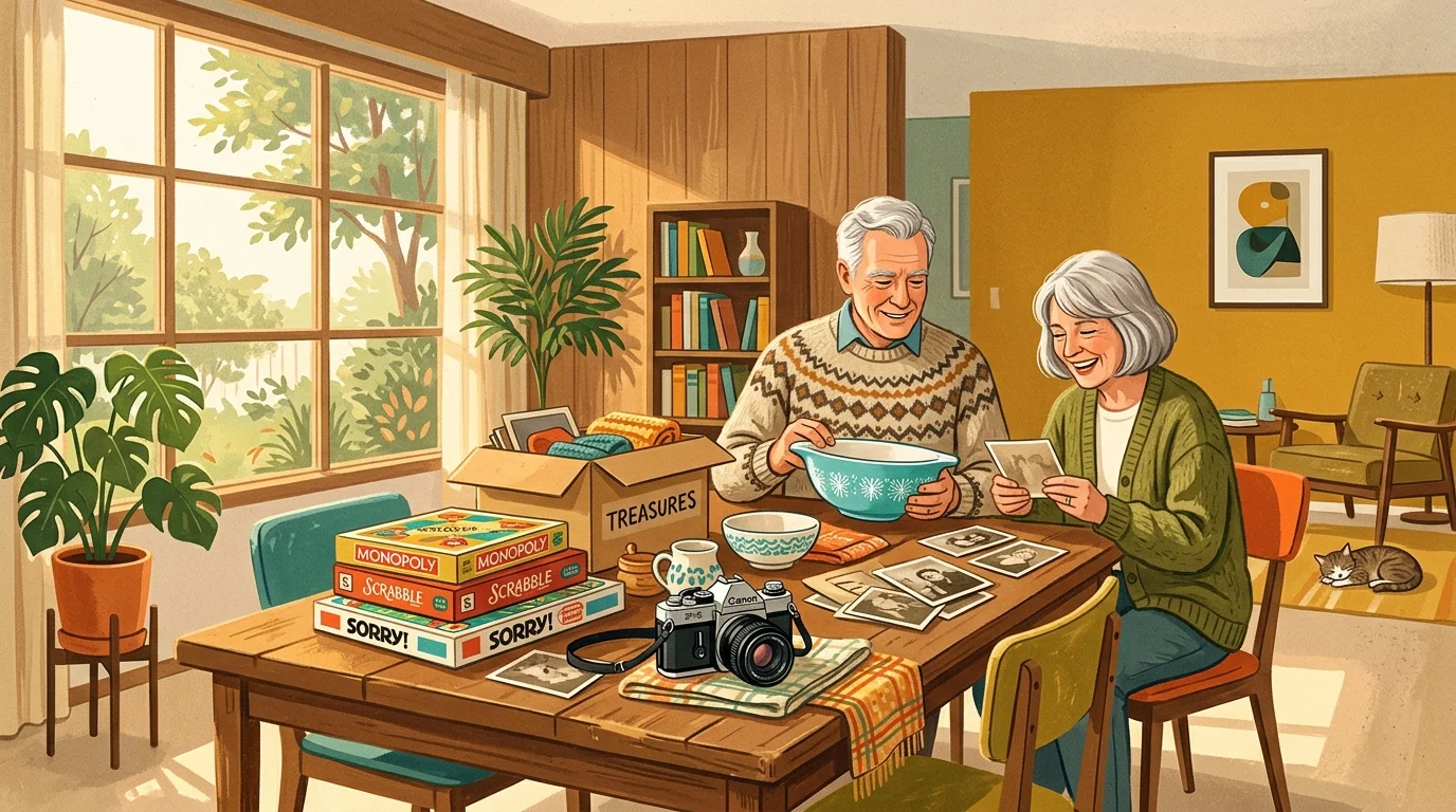 Mid-century gouache illustration of a retired couple organizing vintage items like a film camera and Pyrex bowl on a sunlit table.