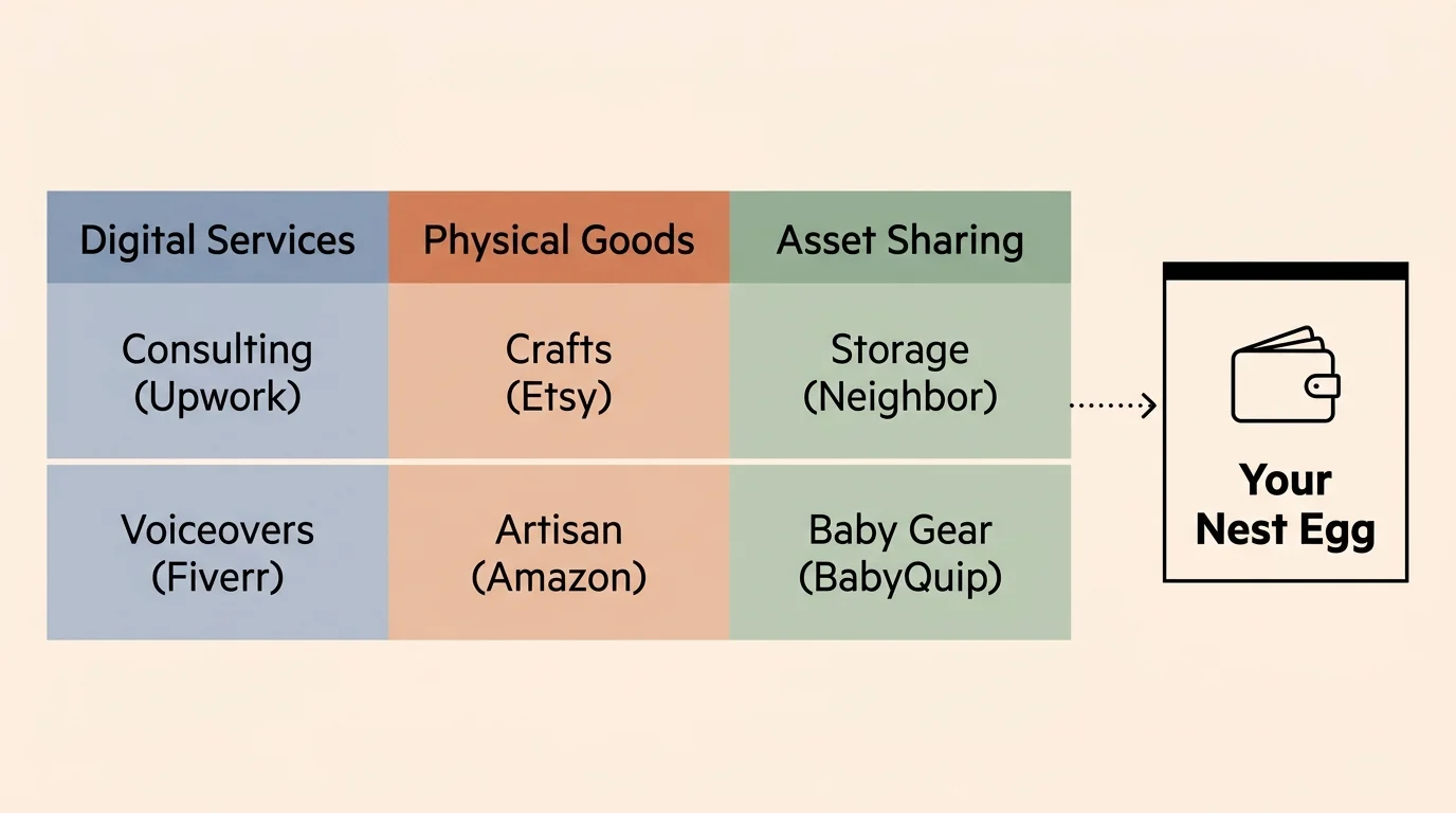 Minimalist financial diagram categorizing retiree side hustles into Digital Services, Physical Goods, and Asset Sharing paths.
