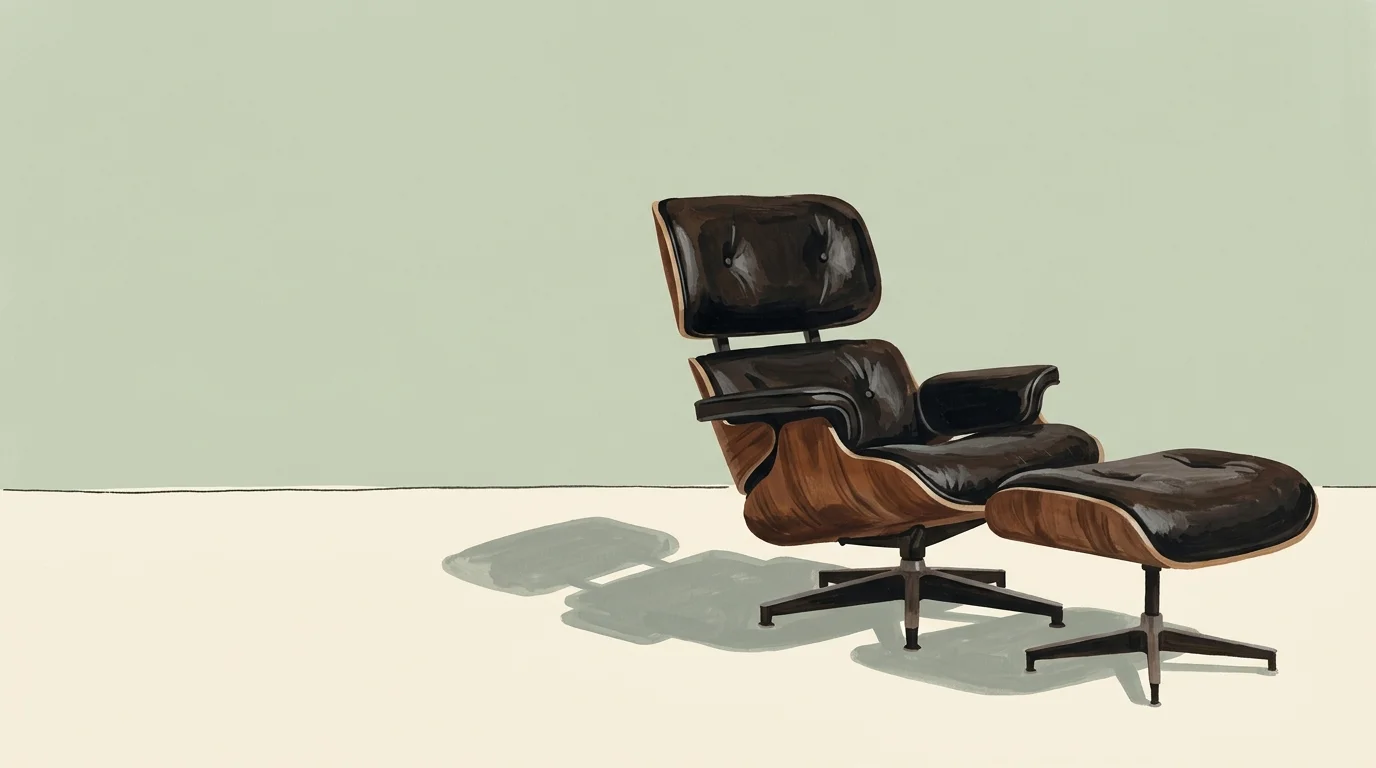 Minimalist gouache illustration of an iconic mid-century modern plywood and leather lounge chair on a pale green background.