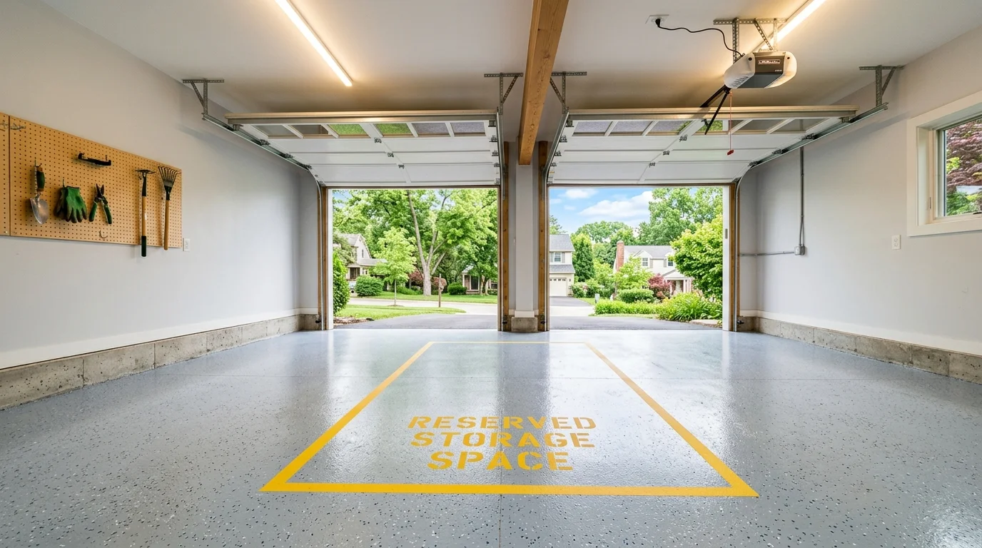 Photo of a clean, bright, empty garage with a stenciled yellow rectangle on the floor indicating a reserved storage space.