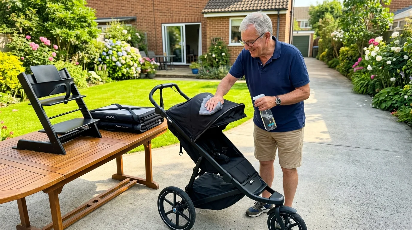Photo of a retired man cleaning a premium jogging stroller in his sunny backyard alongside other baby rental gear.
