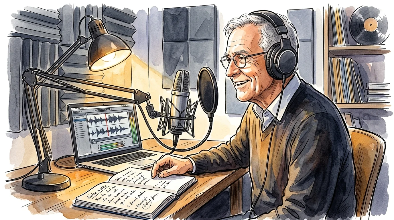 Watercolor illustration of a retired man with headphones recording a professional voiceover on a high-quality desk microphone.