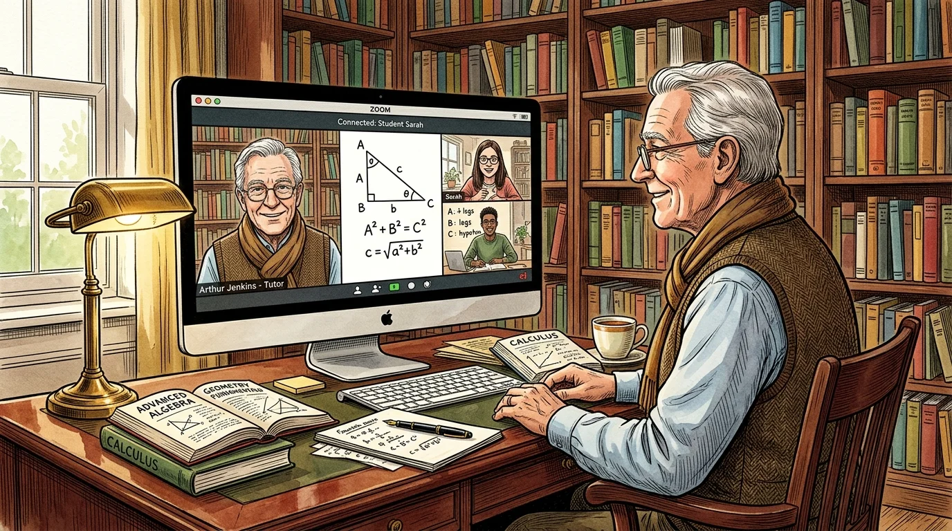 Watercolor illustration of a retired tutor teaching math over a video call from his cozy, book-filled home library.