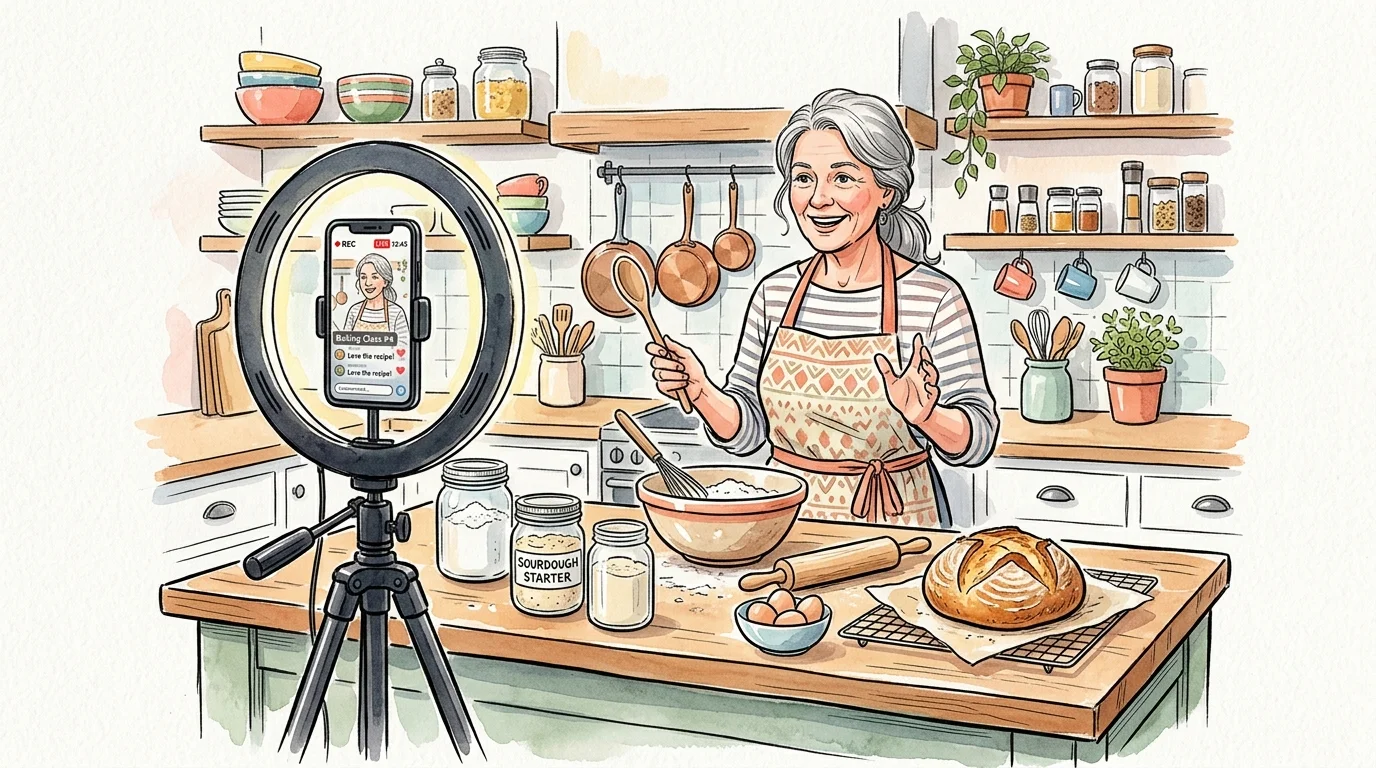 Watercolor illustration of a retiree filming a sourdough baking video course on her smartphone in a bright kitchen.