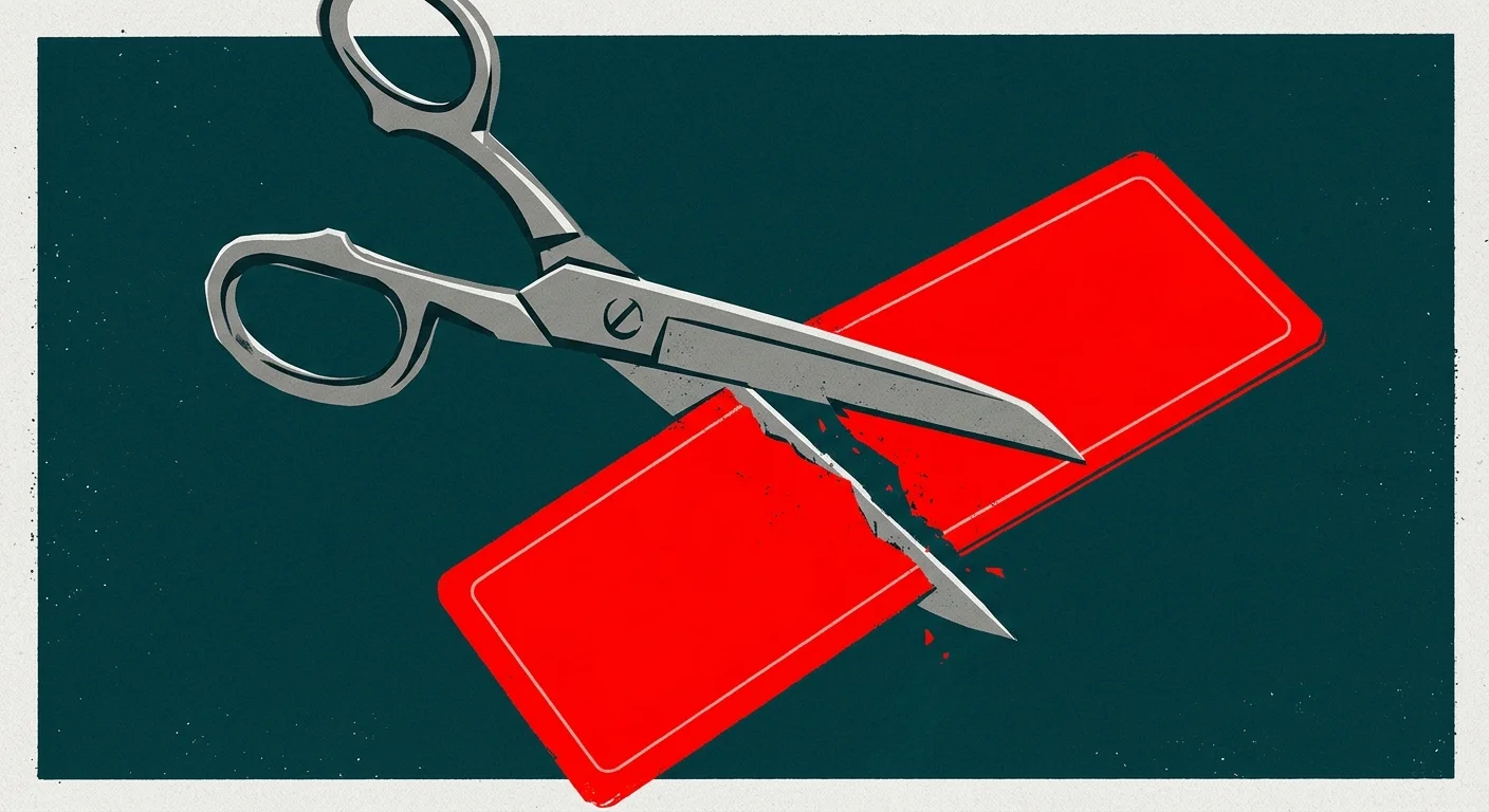 A bold screenprint illustration of a pair of metal scissors cutting a red membership card in half against a teal background.