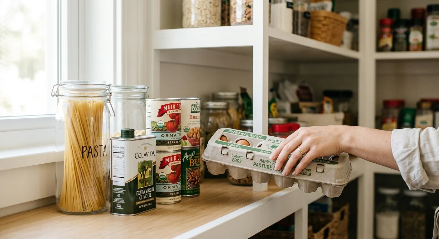 A bright, organized kitchen pantry shelf with jars, cans, and a hand placing a carton of eggs.