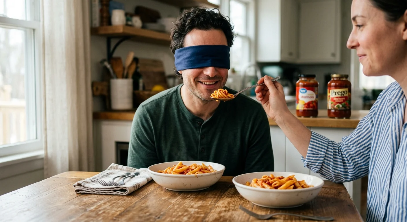 A candid photo of a man wearing a blindfold doing a pasta sauce taste test at a kitchen table with his partner.