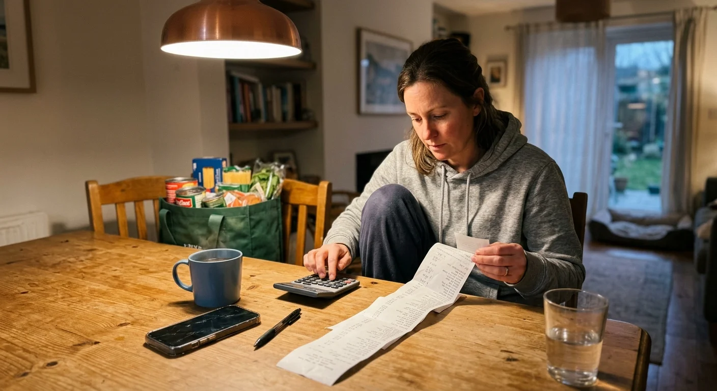 A candid photo of a person at a kitchen table carefully reviewing a grocery receipt with a calculator, with bags of food in the background.