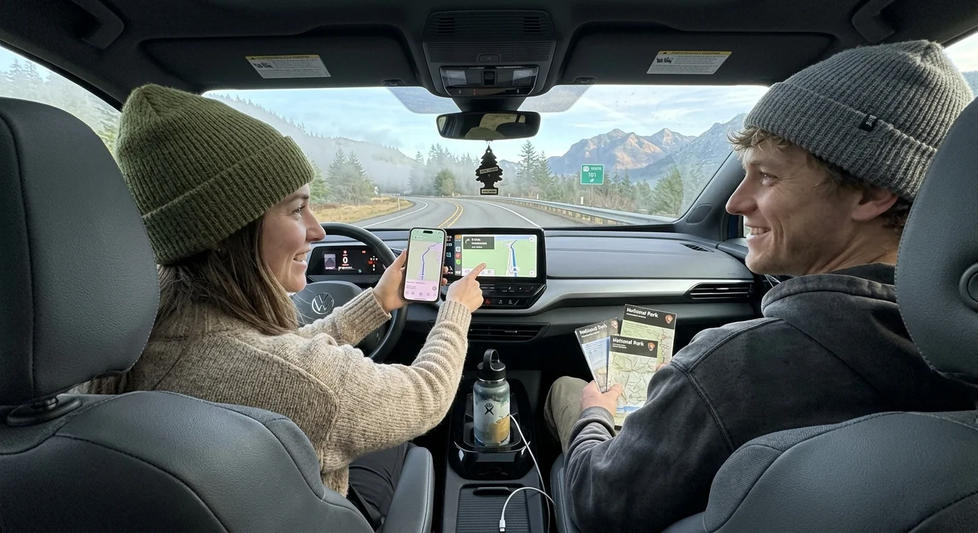 A candid shot from the back seat of a car showing a driver and a passenger navigating a road trip together.