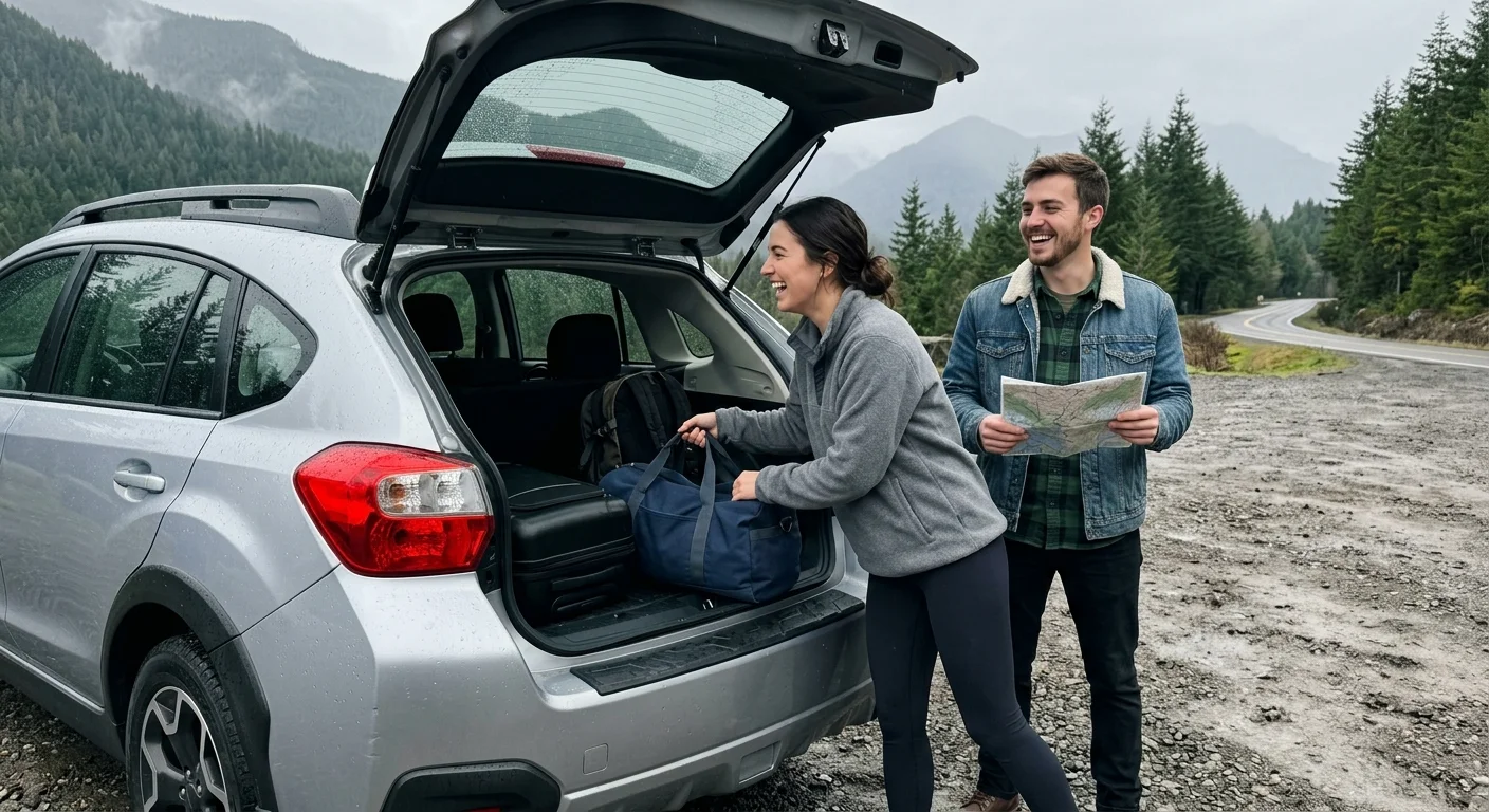 A candid snapshot of a couple loading bags into a rental SUV at a scenic overlook on a misty morning, capturing a genuine travel moment.