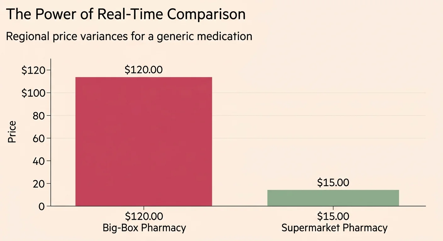A clean bar chart comparing a $120.00 pharmacy price with a $15.00 price for the exact same medication.