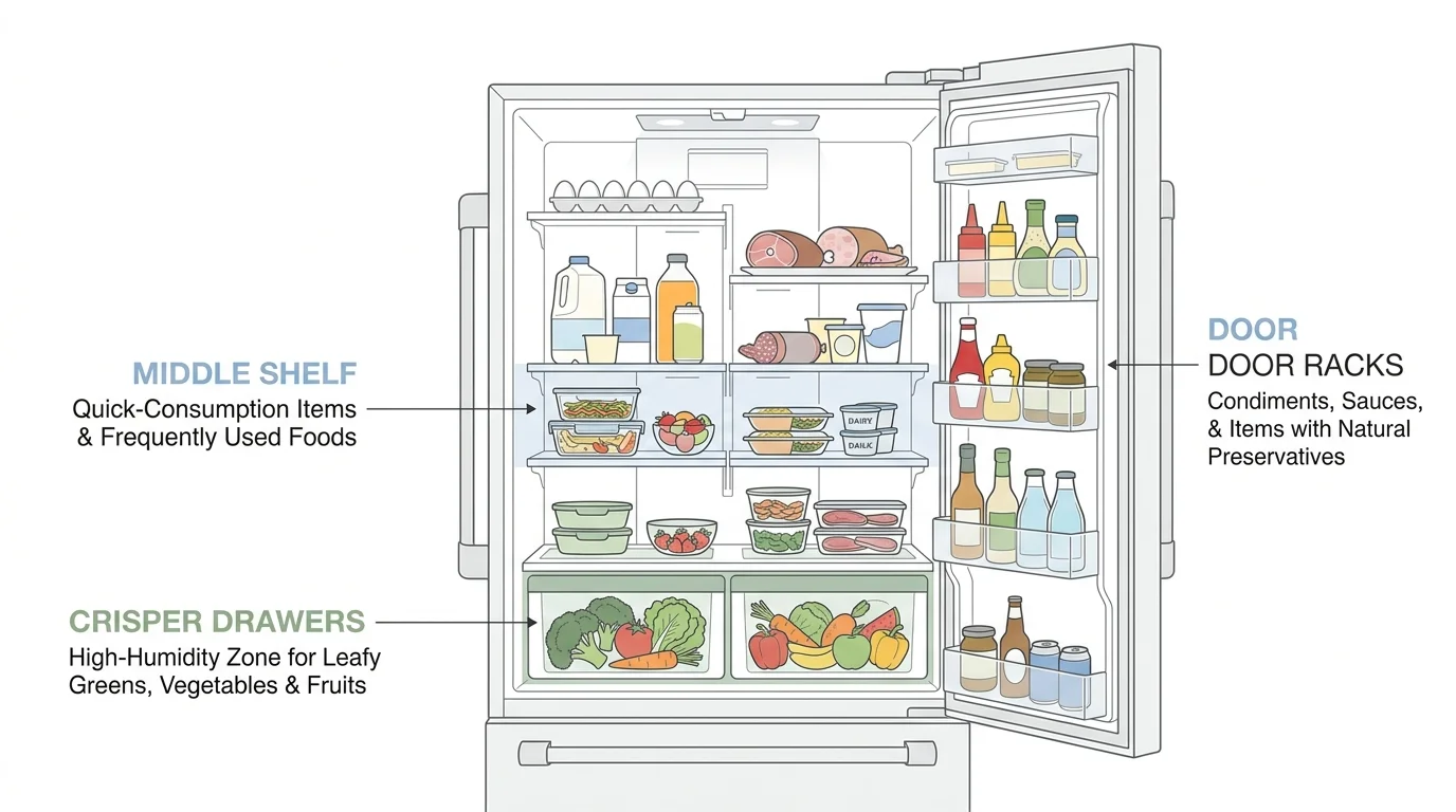 A clean cross-section diagram of a refrigerator showing the optimal zones for storing different types of food.