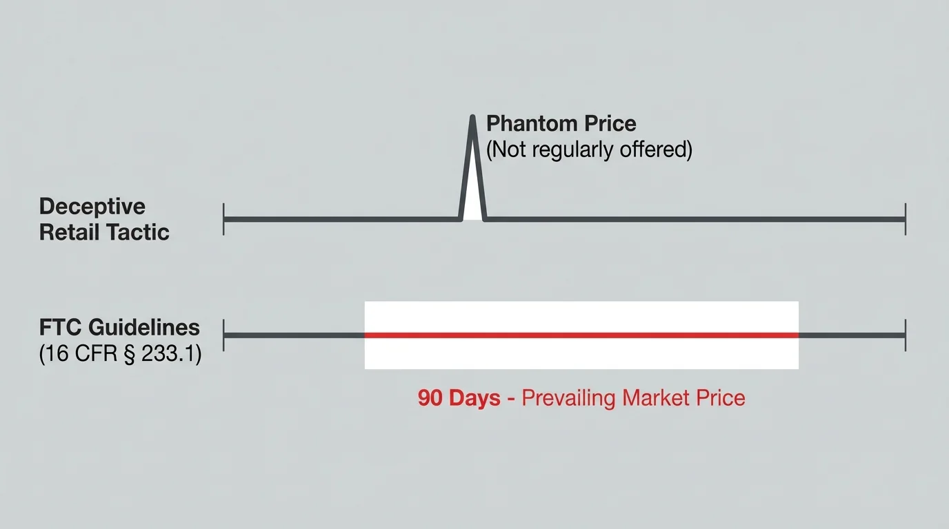 A clean diagram comparing a deceptive retail price timeline with the FTC's legal 90-day prevailing market price standard.