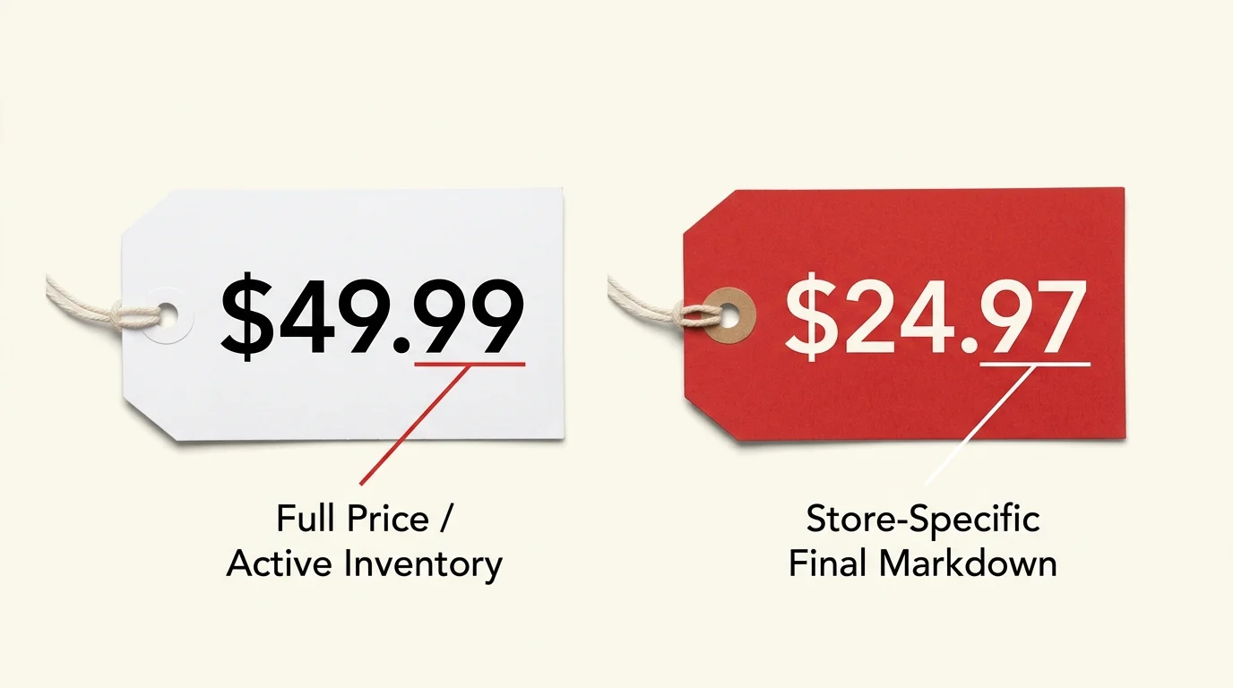 A clean diagram comparing a standard retail tag ending in .99 with a final clearance tag ending in .97.