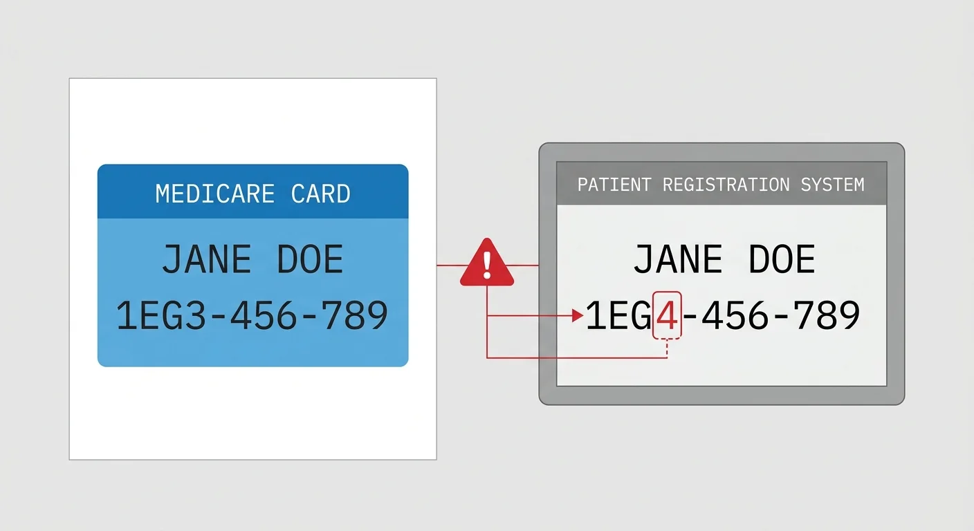 A clean diagram showing a patient's correct Medicare card mismatched with a slightly incorrect ID code on a system screen.