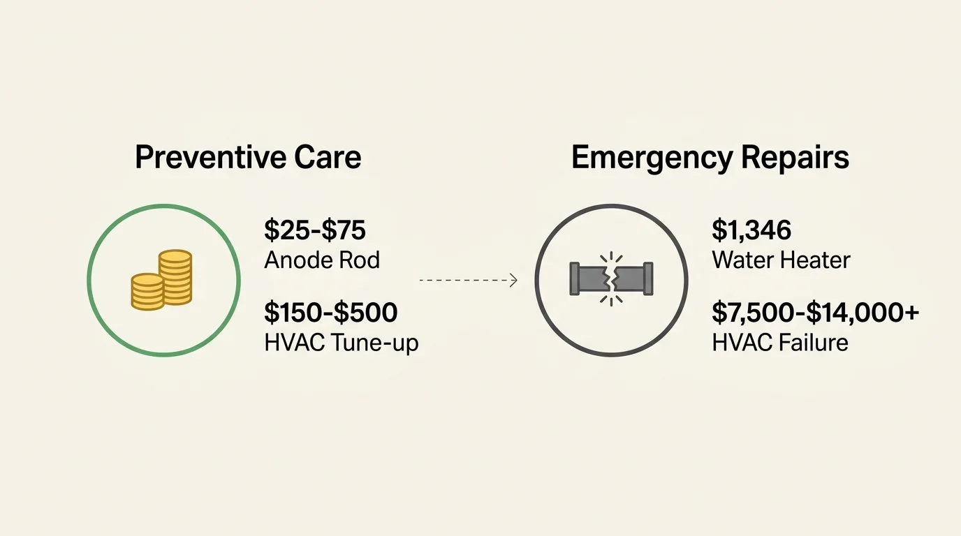 A clean financial comparison infographic contrasting low preventive maintenance costs with high emergency repair costs.