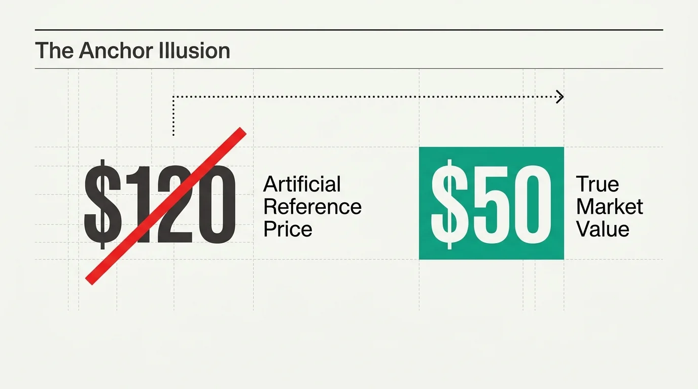 A clean financial diagram showing an artificial reference price of $120 crossed out next to a true market value of $50.