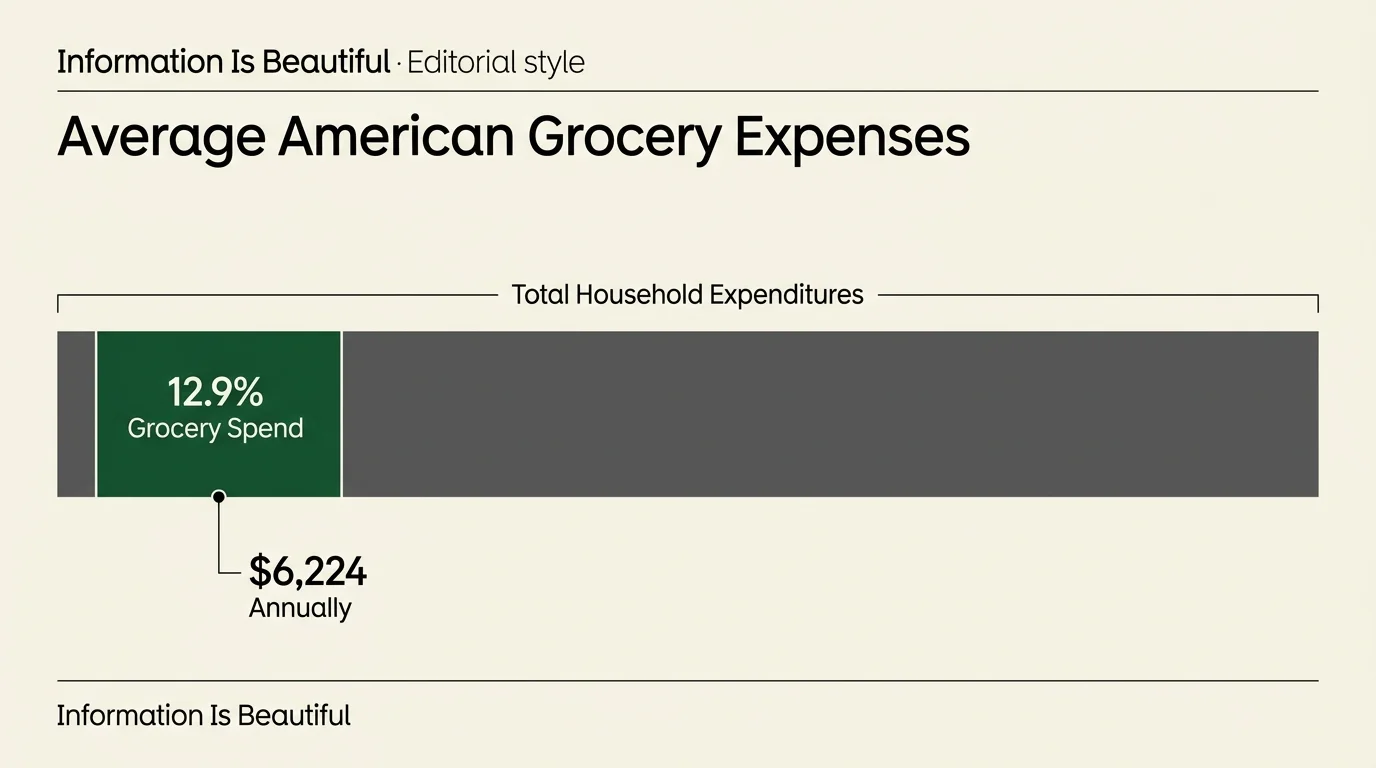 A clean horizontal data infographic showing the average $6,224 grocery spend as 12.9% of total household expenditures.