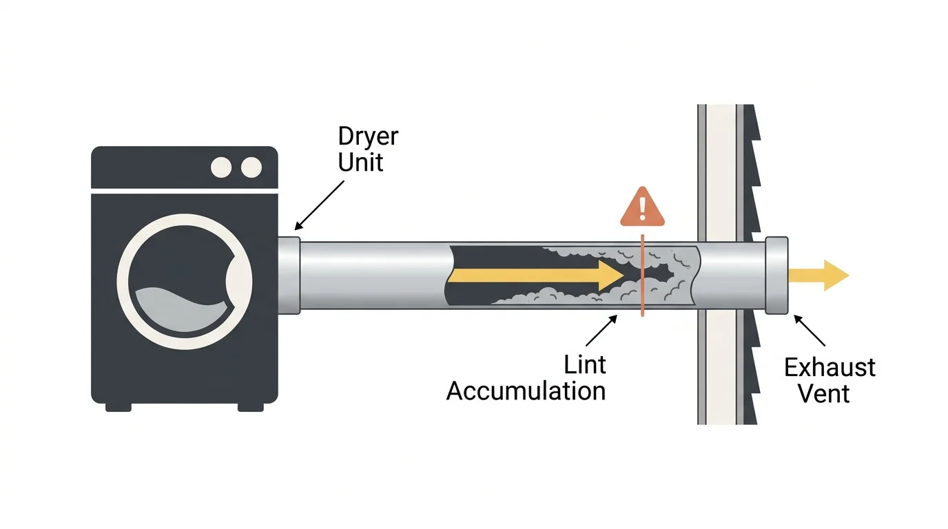 A clean horizontal infographic diagram showing a cross-section of a dryer vent duct restricted by lint buildup.