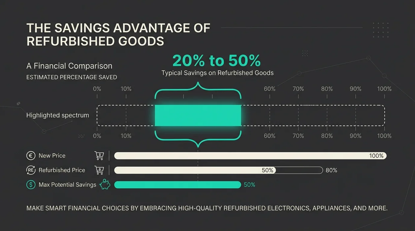 A clean horizontal infographic showing a savings spectrum bar highlighting 20% to 50% typical savings on refurbished goods.
