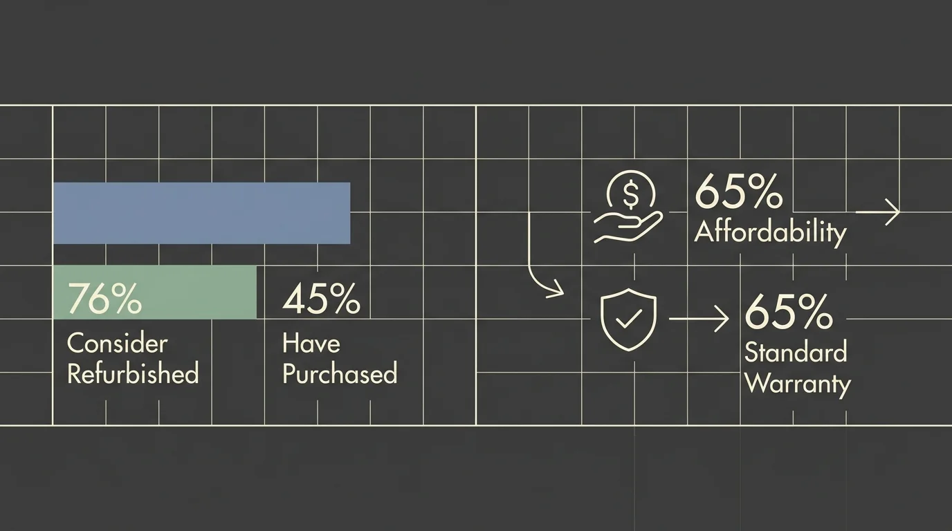 A clean horizontal infographic showing consumer survey statistics on refurbished smartphones, featuring 76%, 45%, and 65% metrics.